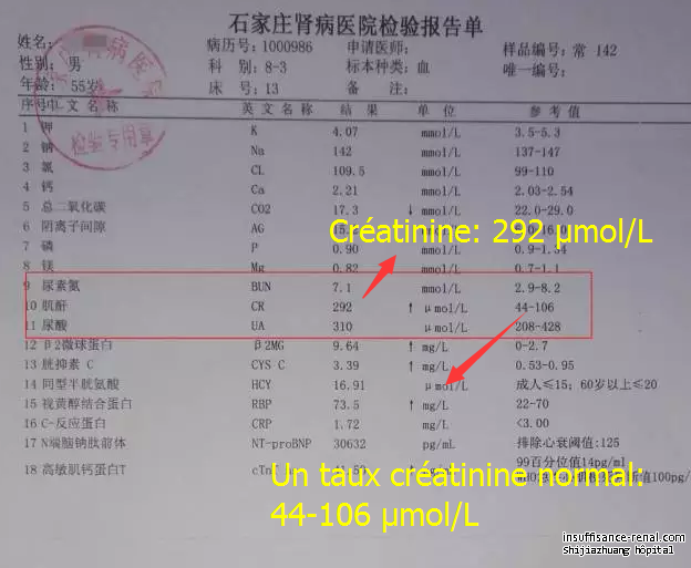 Le taux créatinine de 292 umol / L est abaissé à l’aide de ce traitement.